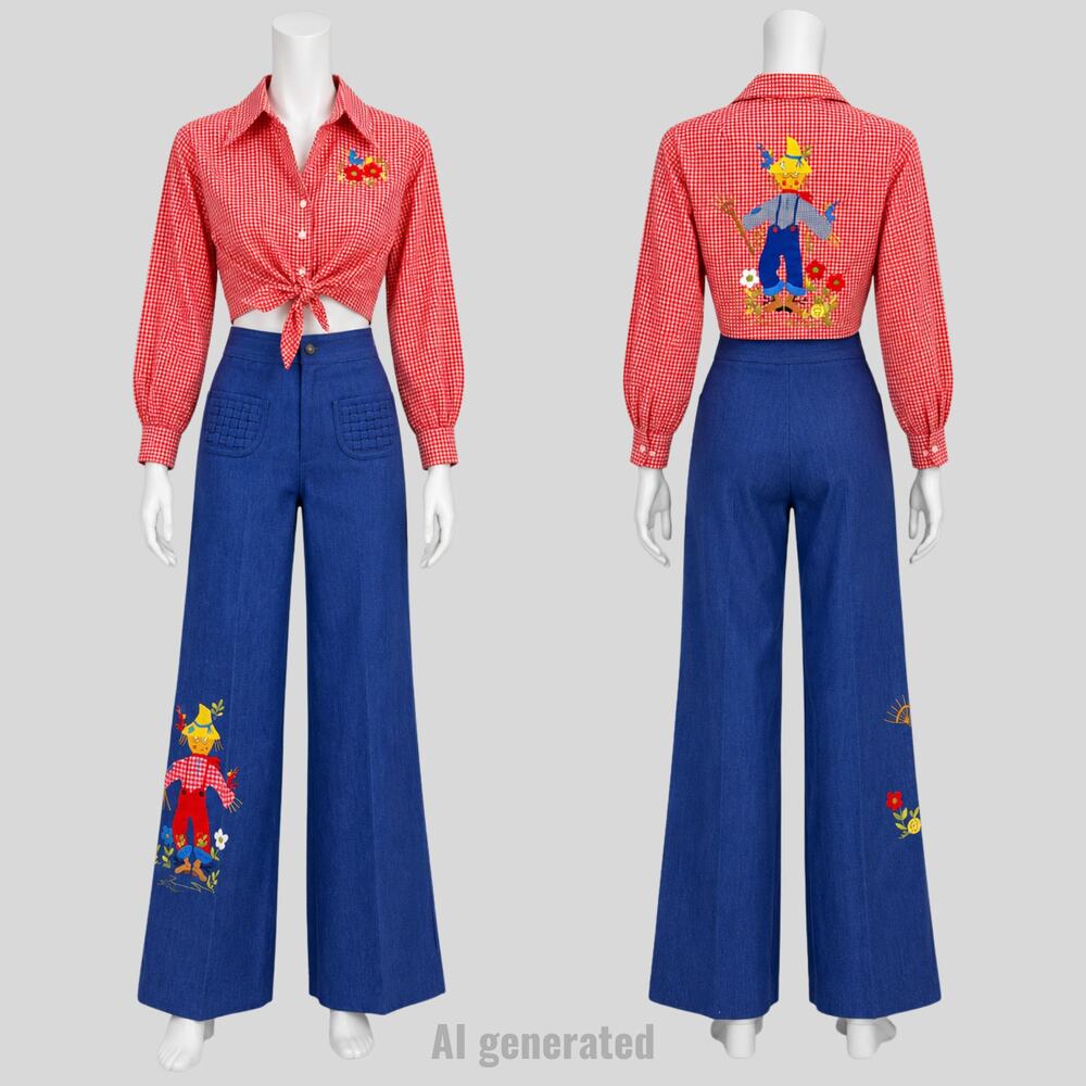 Vtg 70s Helen Cerda Scarecrow Embroidered 2pc Top Pants Sz S Gingham Wide Leg